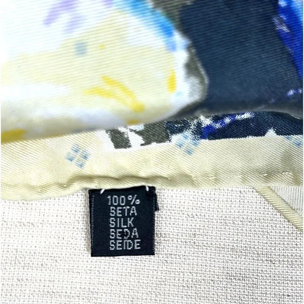 Water Lilies by MONET Scarf Vintage Silk Satin Square  Hand Rolled Blue Yellow